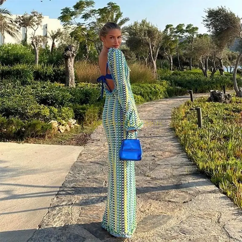 

77UF Long Sleeve Swimsuit Coverup Dress Hollow Out Crochet Swimwears Coverup Dress