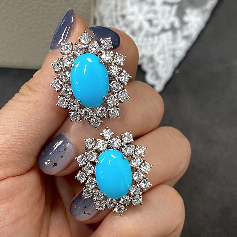 Huitan Ovale Blaue Imitations-Türkis-Ohrstecker für Frauen, Bohemian Vintage-Stil, Kubische Zirkonia Ohrstecker, Alltagsschmuck für Partys