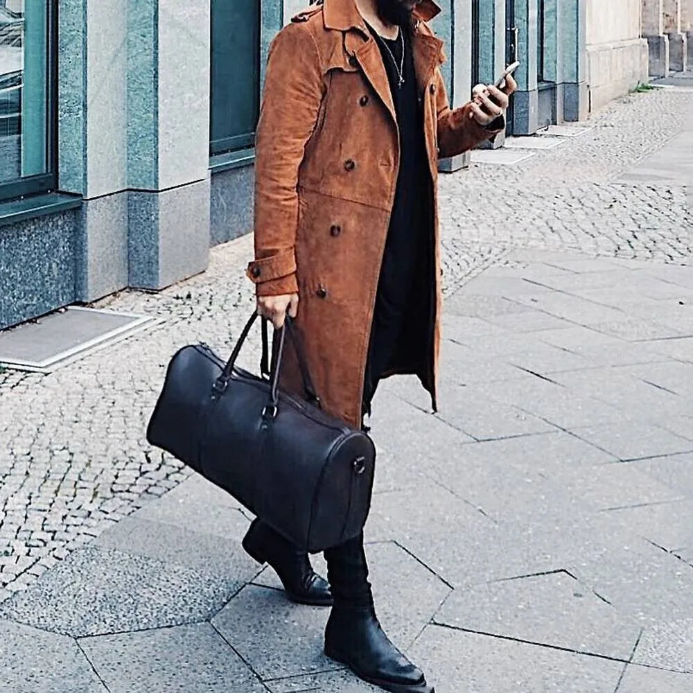 Nowa Jesienno-Zimowa Amerykańska Kurtka Retro z Zamszu Męska Średniej Długości Modna Kurtka w Stylu Streetwear z Klapami, Dwurzędowa