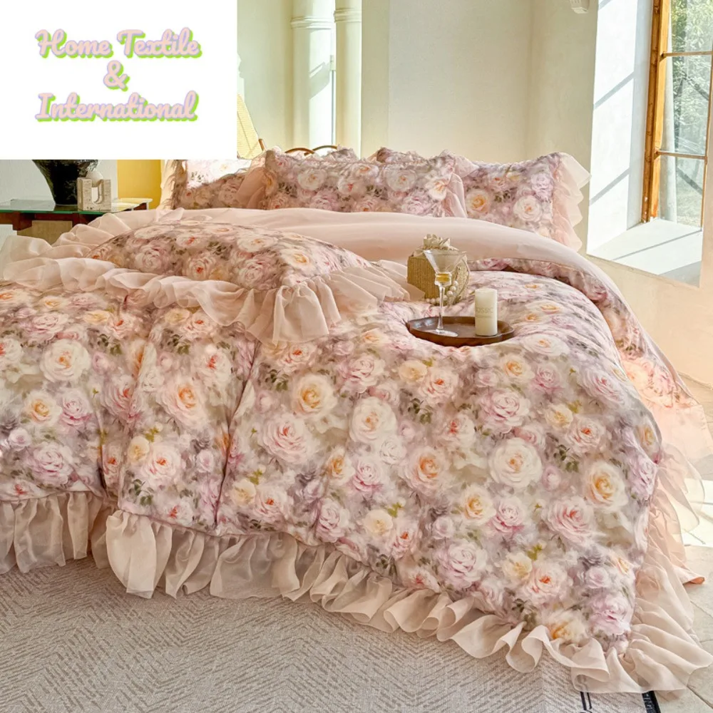 Floral Ruffled Duvet Cover Set - Silky Princess Style Lace Bed Skirt Quilt Cover Pillowcase, Luxury Bedding Sets​