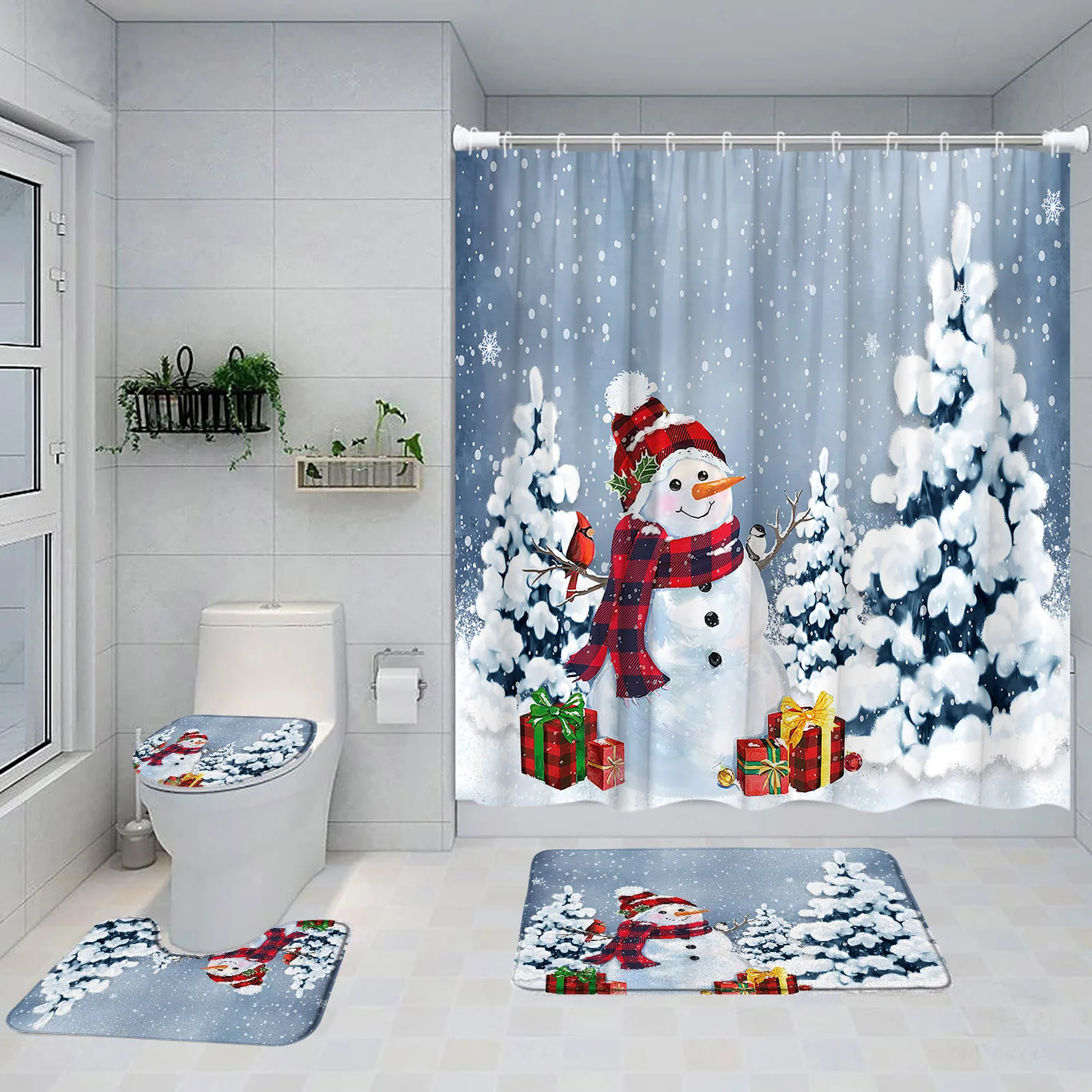 Christmas Shower Curtains Set Cute Snowman Blue Xmas Balls Fir Branches New Year Bathroom Decor Non-Slip Rug Bath Mat Toilet Lid