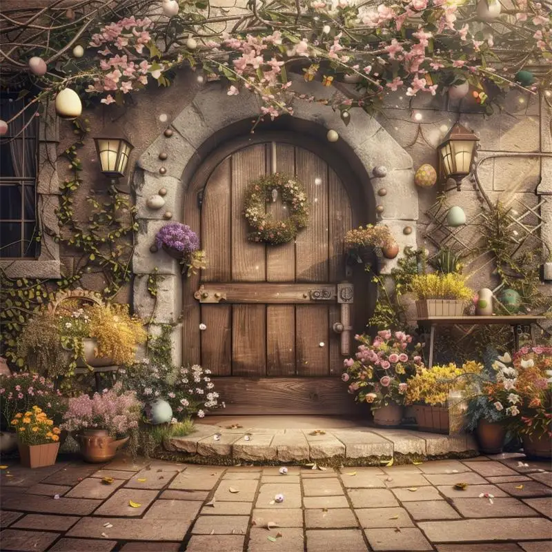 

Весенний пасхальный фон для фотосъемки: кролик, цветы, яйца, деревянная дверь, цветочная доска, пасхальный пол, интерьер, фон для детских дней рождения