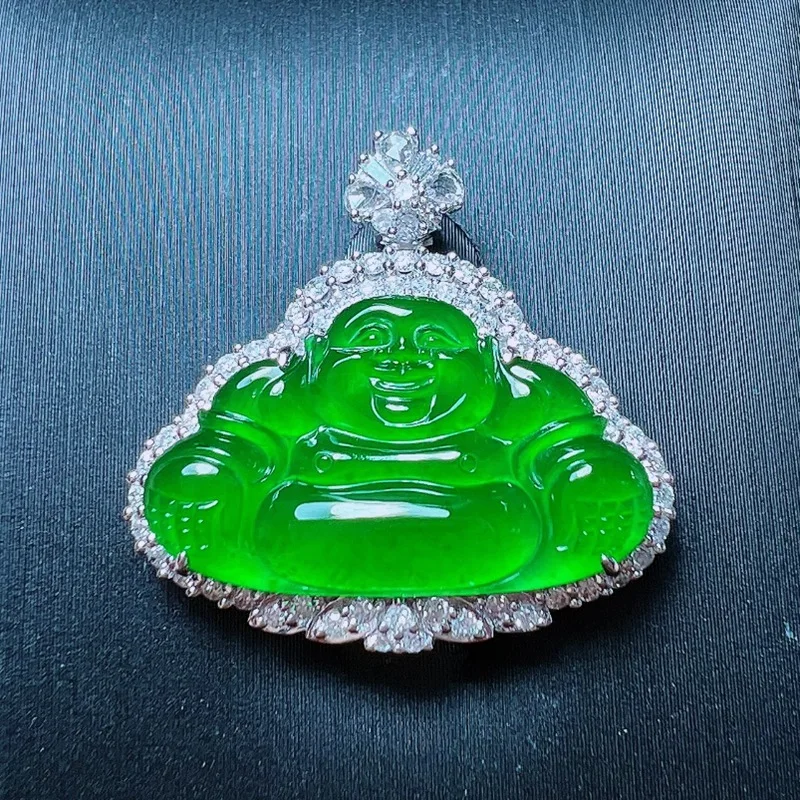 Natural Full Green Ice-like Jadeite Jade Buddha Pendant Myanmar 18K Gold Inlaid