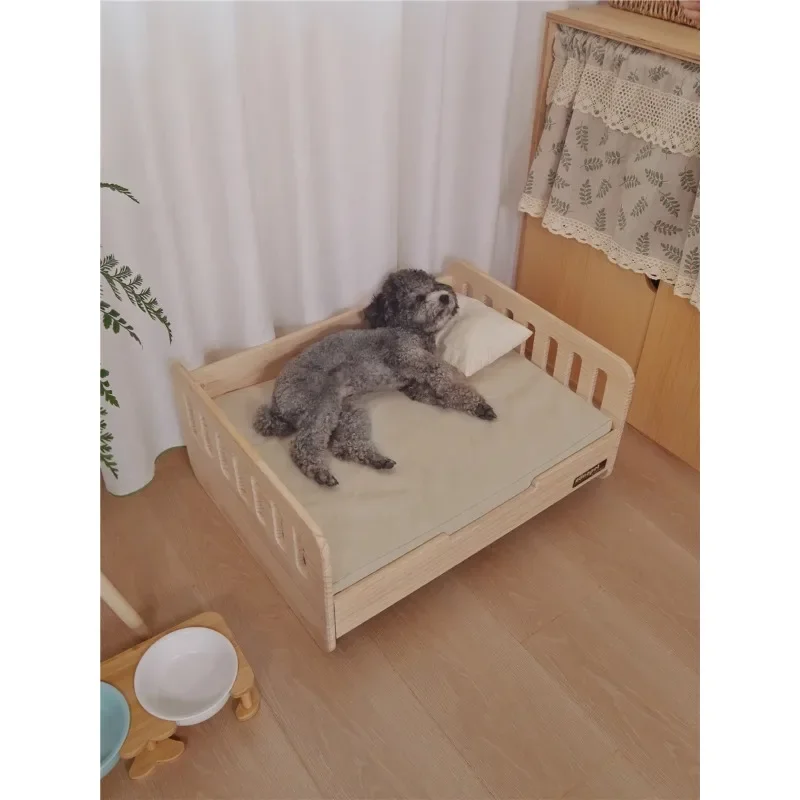 Pet Bed with Durable Wooden Frame, Scratch-resistant Canvas Mat and Four-season Mattress for Small Dogs and Cats