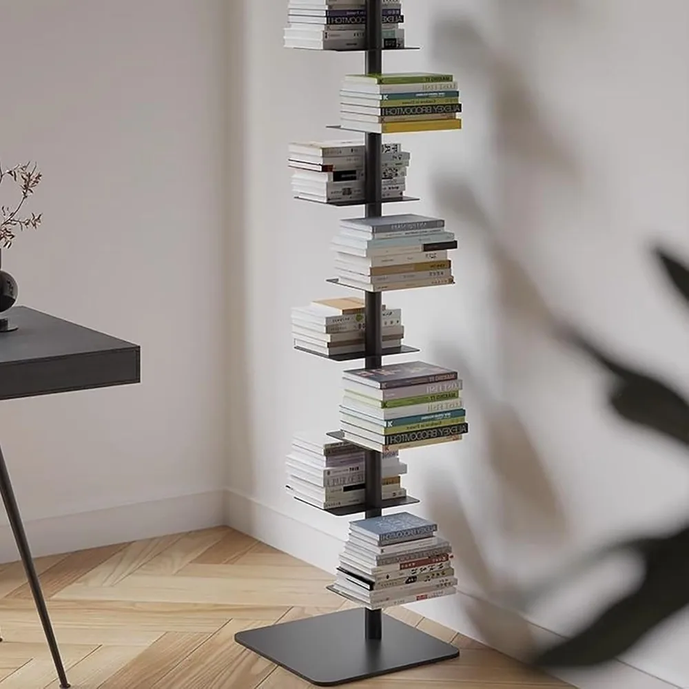 9-Tier Spine Bookshelf, Metal Bookcase, Vertical Spine Book Tower, Tall Narrow Ladder Book Shelf, Corner Shelf for Space,Storage