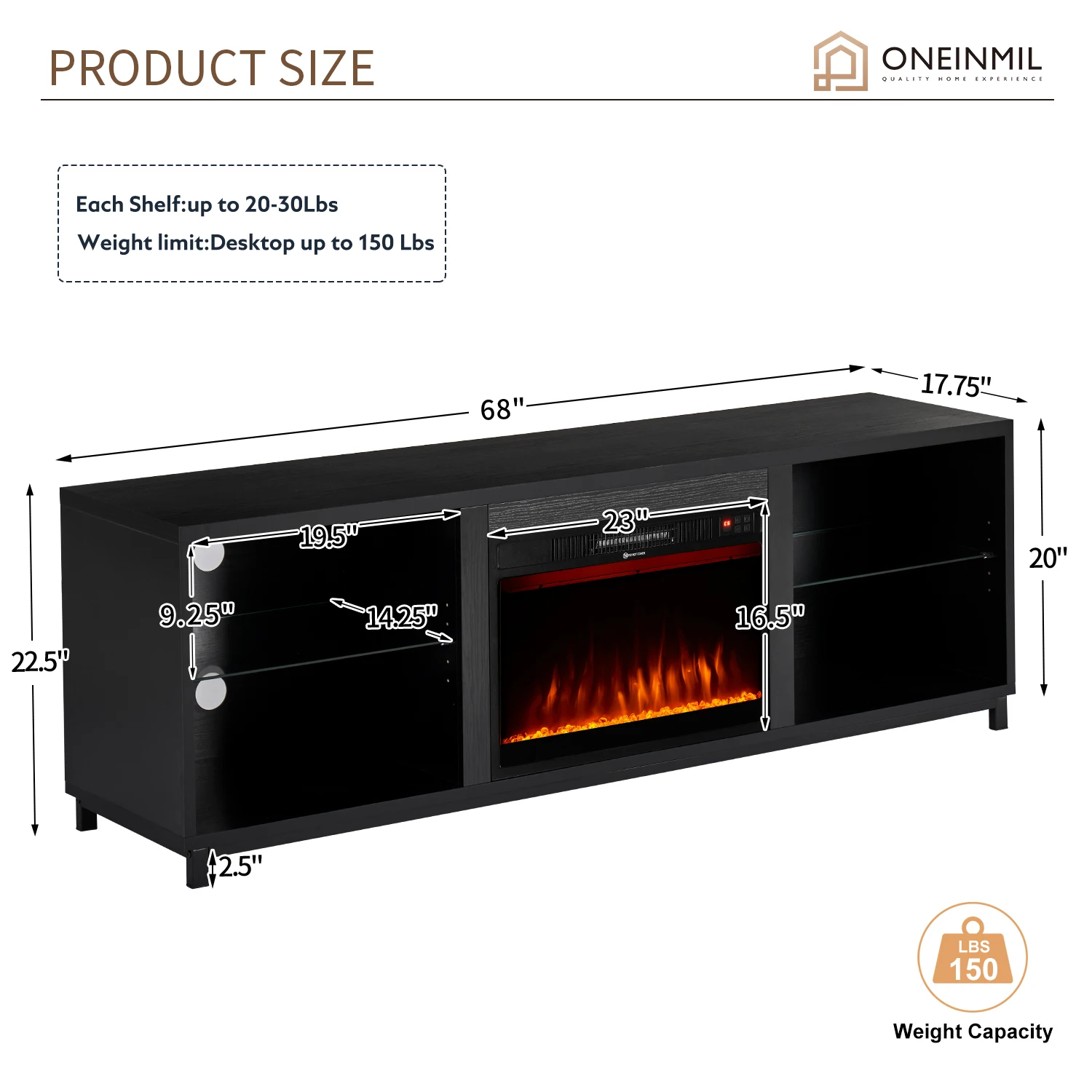 Soporte para TV con chimenea Aoxun, mueble para TV de 68" con calentador de inserción para chimenea eléctrica de 23", control remoto, temporizador, luces de 12 colores