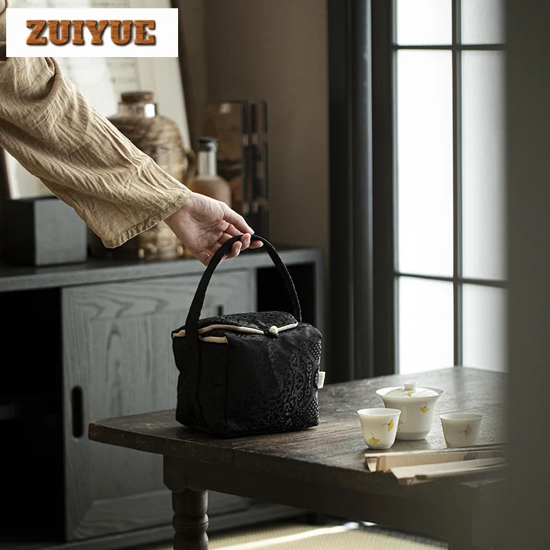 Chinese Fabric Tea Storage Bag Outdoor Portable Dark Brown Pattern Tea Cozies Zen Tea Cozy for Pot Travel Tea Set Bag Tea Items