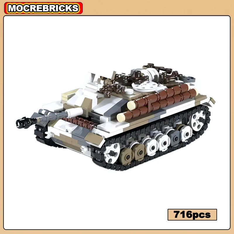 WW2 High-tech Weapon Stug III ausf.G Main Gun Tank Full Track Military Armored Chariot Building Blocks Model Kid's Bricks Toys