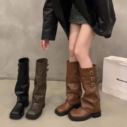 Winter Women Biker Boots Fashion Belt Buckle Ladies Elegant Platform Long Pipe Booties Casual Women's Knee High Booties