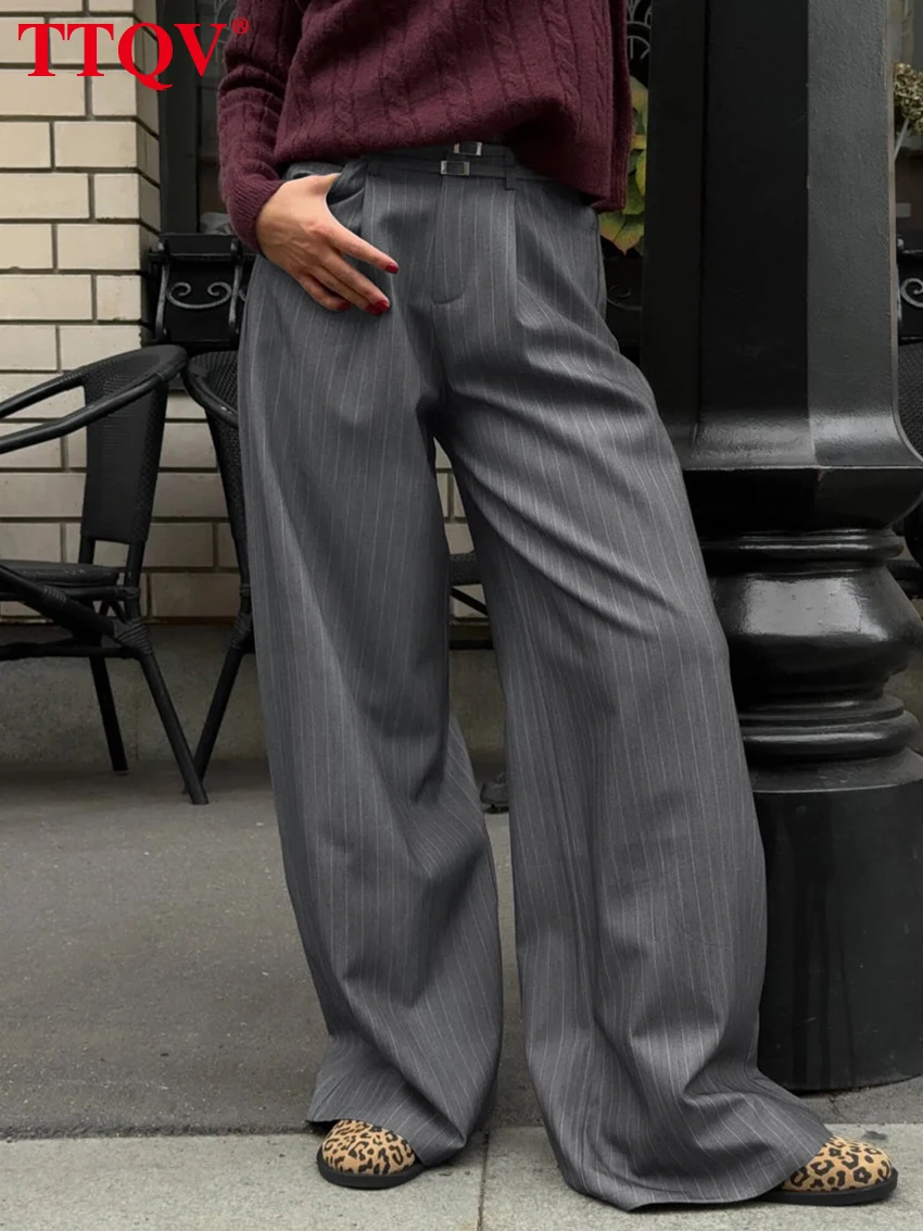 

TTQV Fashion Loose Gray Stripe Women's Pants 2025 Elegant High Waist Wide Trousers Vintage Classic Full Length Pants Female