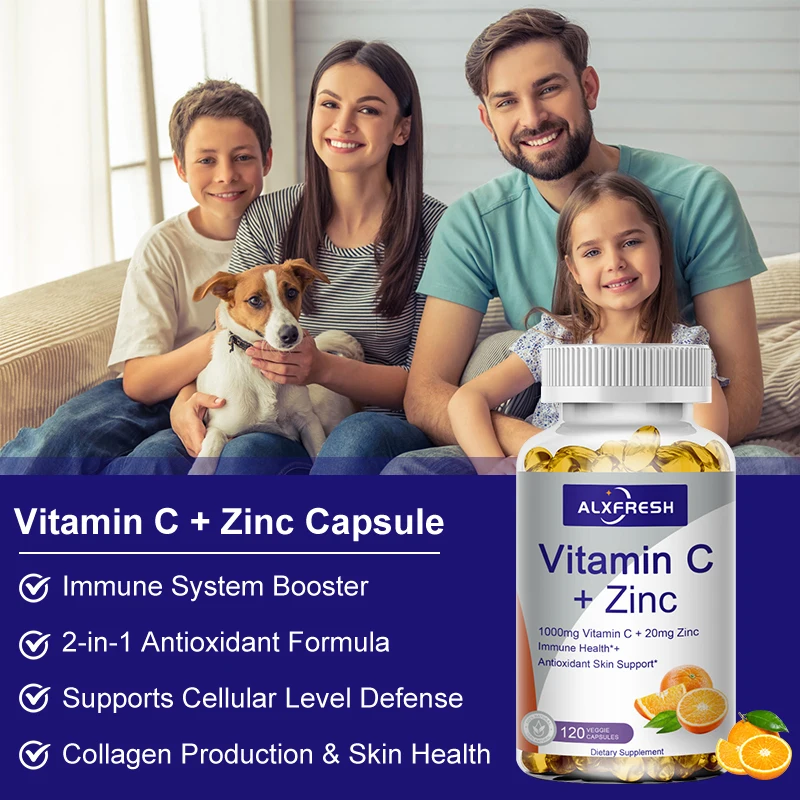 Alxfresh Vitamin C 1000mg with Zinc 20mg | Non-GMO & Gluten Free Vegan | Antioxidant Supplement for Immune Support | 60/120 Caps