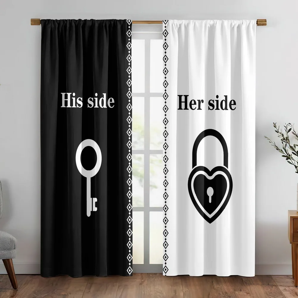 His Side Her Side Curtain Black White Key Lock Pattern Drape Romantic Couple Window Treatment for Bedroom Living Room Home Decor