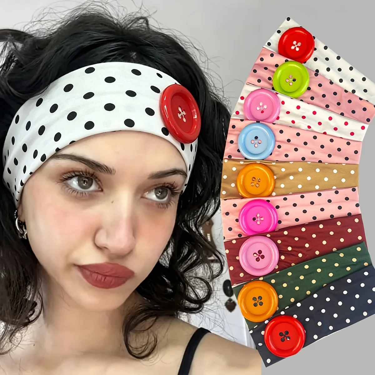 Polka dot solid color button decoration wide edge headband women's fashion elastic non-slip face makeup yoga headband. Summer