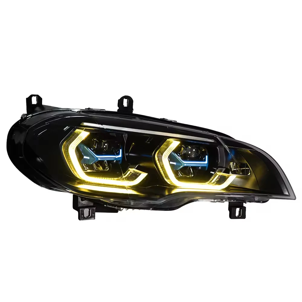 LED Headlights for X6 E71 2008-2014 Led Headlight Assembly Angel Eye Drl Hexagon Style Dual Color Projector Headlamp