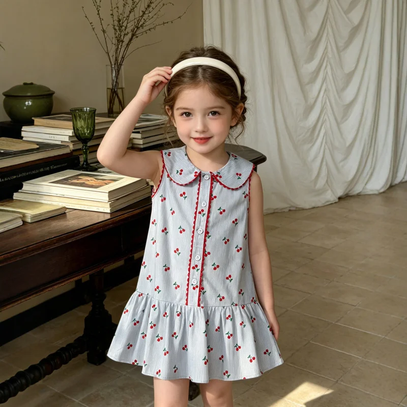 Girls' Summer Dress2026New children's cherry print doll collar sleeveless princess dress, sweet summer dress for babies