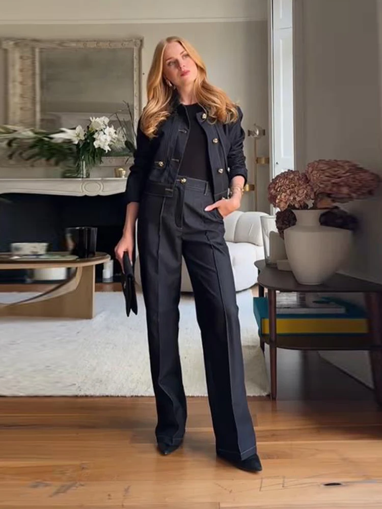 Fashion Dark Blue Women's Two Piece Suit Lapel Collar Full Sleeve Short Jacket Wide Leg Pants