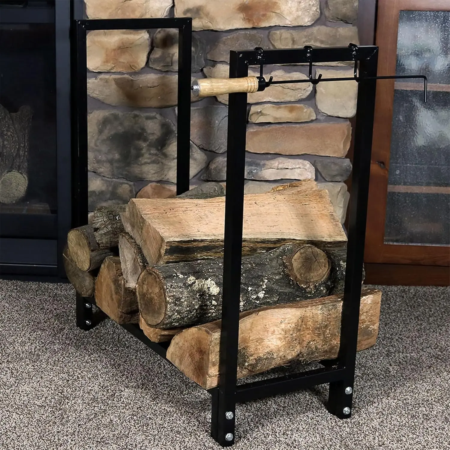 Sunnydaze Outdoor Firewood Holder with Cover, 500 lb Weight Capacity, Black, Customized