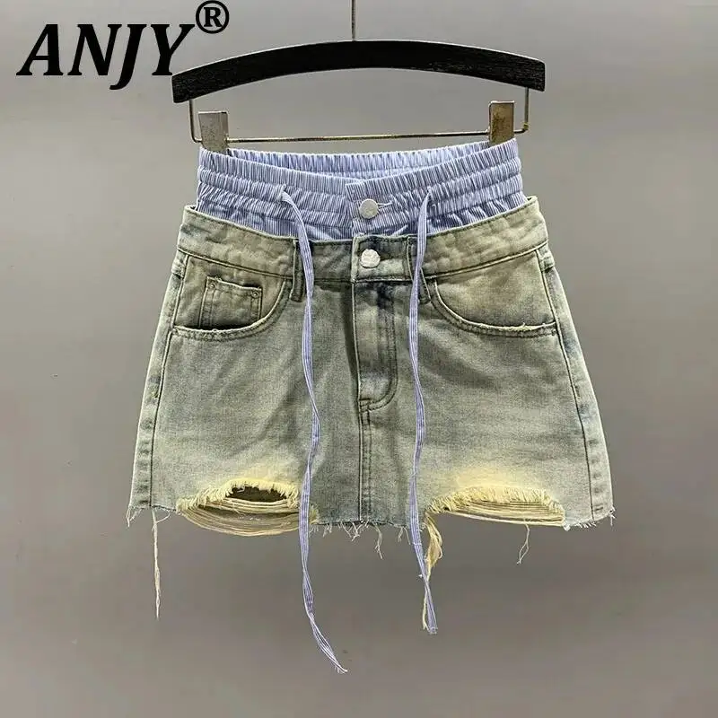 ANJY Spring Summer New Women Double Waistband Patchwork Drawstring Ripped Denim Skirt Design Versatile A-Line Mini Skirts A24841