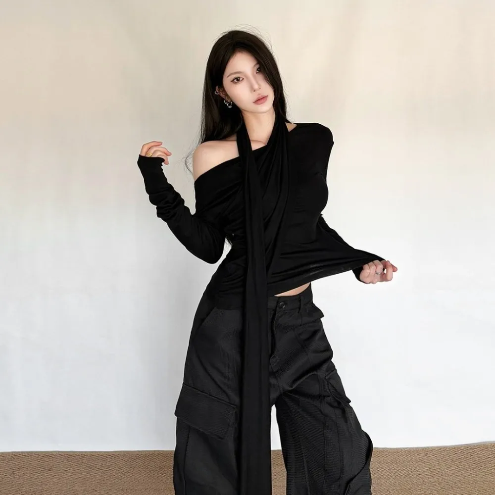 

SylCue повседневные модные футболки + однотонная длинная лента женские косой воротник с открытыми плечами и открытой спиной уличный универсальный стиль элегантные топы