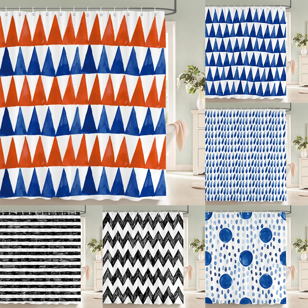 

High Quality Cartoon Geometry Printed Fabric Shower Curtains Bath Screen Waterproof Products Bathroom Decorate with 12 Hooks