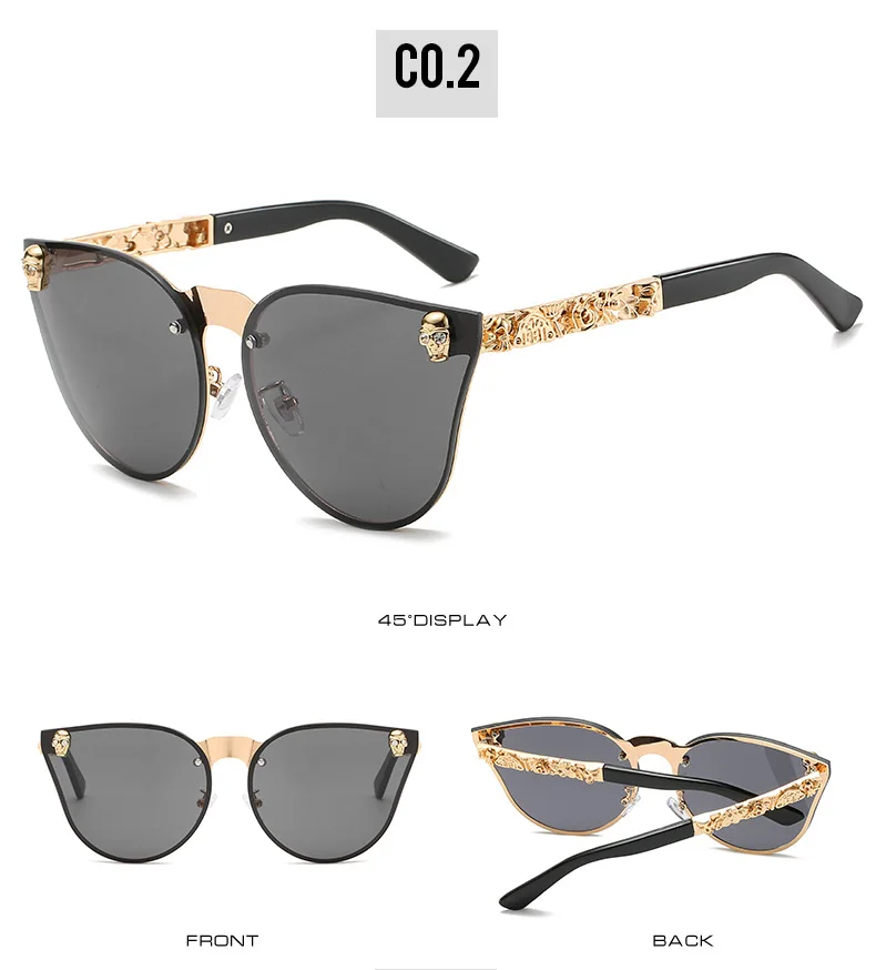 Gothic Schädel Sonnenbrille Frauen Männer Cat Eye Geschnitzt Metall Persönlichkeit Randlose Reflektierende UV400 Sonnenbrille – Detail 9