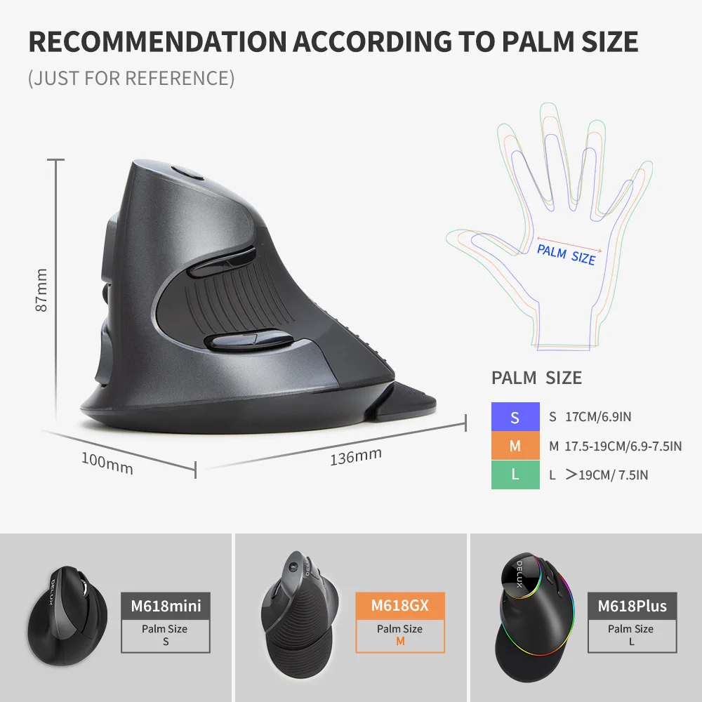 Delux M618 GX Ergonomic Vertical Wireless Mouse 6 Buttons 1600DPI Optical Mice With  For PC Laptop