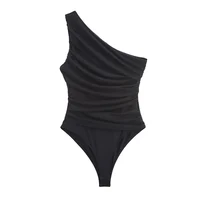 Summer Asymmetric Sleeveless Pleated Silk Mesh Bodysuit Women Single Shoulder Slim Fit Jumpsuit Female Beach Holidays Wear 2026 - Image 2