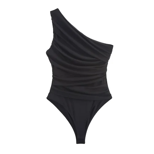 Imagen 2 del producto Body asimétrico sin mangas plisado de malla de seda para mujer, mono ajustado con un solo hombro, ropa para vacaciones en la playa, verano 2025