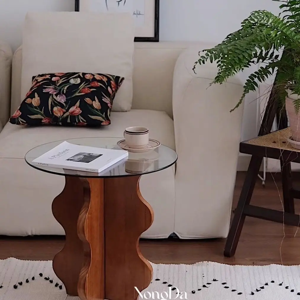 Table Basse en Bois Massif, Table d'Appoint de Canapé, Petite Table d'Appoint Ronde, Table de Lecture de oral et, Verre Brun Médiéval