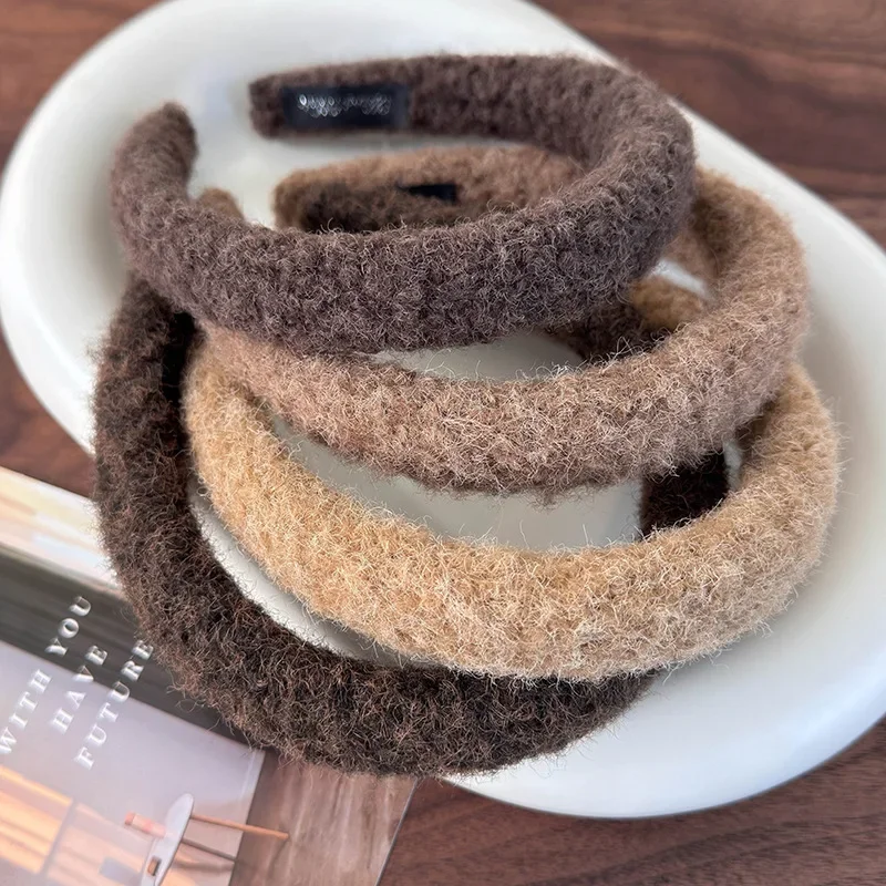 Autumn Winter Coffee Color Plush Headband Wool Sponge Hair Band For Women Girl Simple Elegant Hair Hoop Fashion Hair Accessories