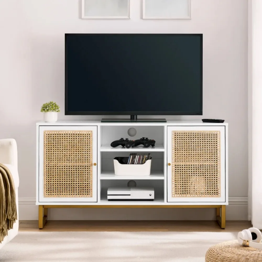 47 inch medieval modern rattan TV stand with adjustable shelving, living room media console, storage cabinet