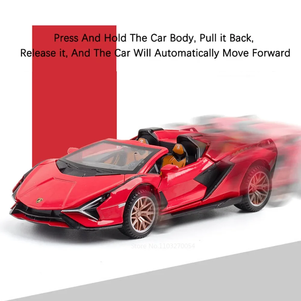 1/32 SIAN SCV12 juguetes modelo de coche aleación Diecast coches deportivos cuerpo de Metal neumáticos de goma puertas abiertas sonido luz tirar hacia atrás regalos para chico