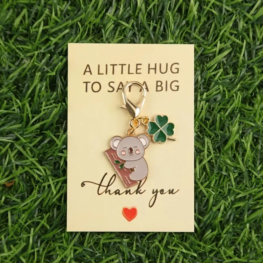 1/5/10/20/50/100pcs Koala Hugging a Tree Trunk + Four-Leaf Clover Double Pendant Keychain Set with Thank You Card, Golden Lobste