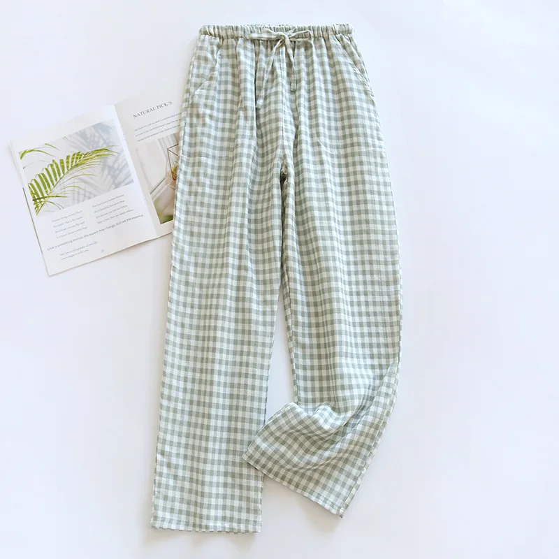 2024 New Japanese Spring/Summer Couple Sleepwear 100% Pure Cotton Gauze Men\'s and Women\'s Long Pants Thin Plaid Loose Home Pants