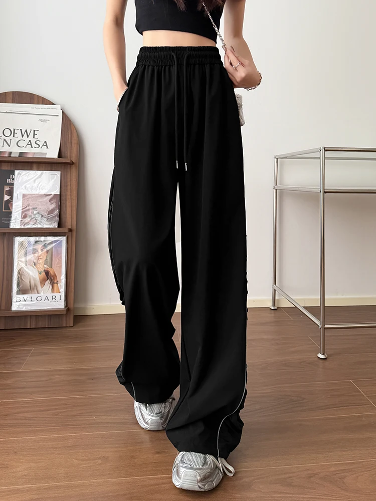 Casual Hiphop Sweatpants Reflective Striped Loose Jazz Pants Female 2025 New Couple Black Pants Korean Fashion Street Pants