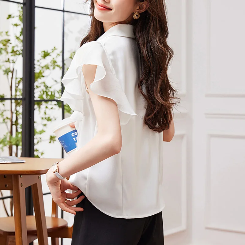 2025 夏のファッションノースリーブターンダウン襟女性ブラウス白シフォンブラウスシャツ女性トップス Blusas デ Mujer Camisas N500