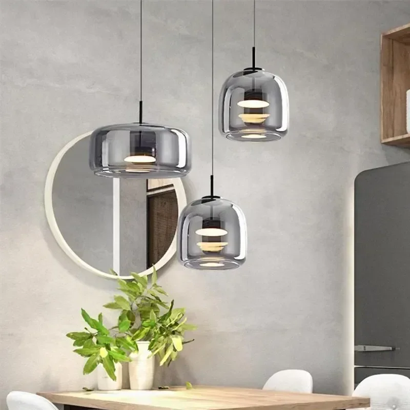 

Nordic LED Glass Pendant Lights Smoke Gray Amber Dining Room Hanging Lamps Bedroom Bedside Bar Study Home Decoration Led Fixture