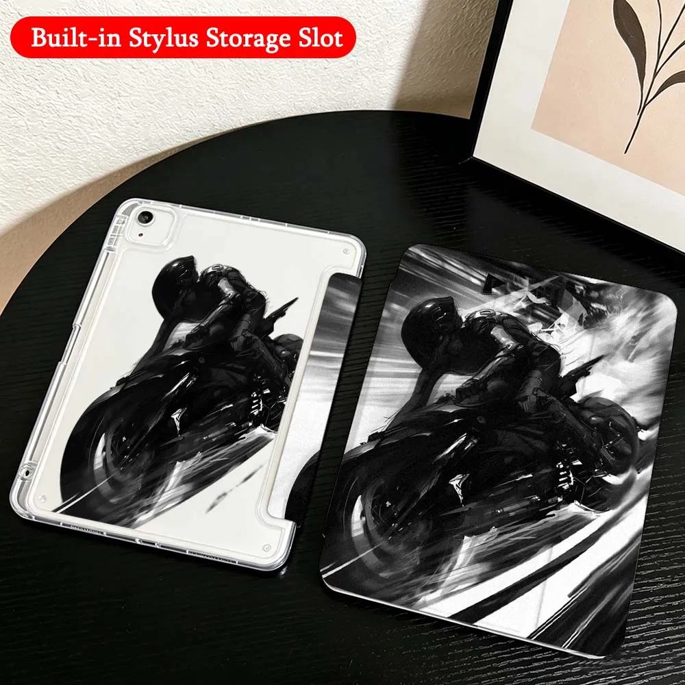 Speeding Motorcycle Rider For iPad Mini Pro Air 5 6 7 8 9 10th 11th 11 9.7 10.9 13 inch Transparent Y-Shaped Folding Tablet Case