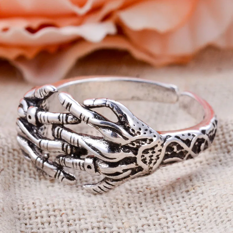 New Arrival Personality Skeleton Hand Retro Thai Silver Female Rock Hip Hop Rings For Women Party Gifts No Fade view 2