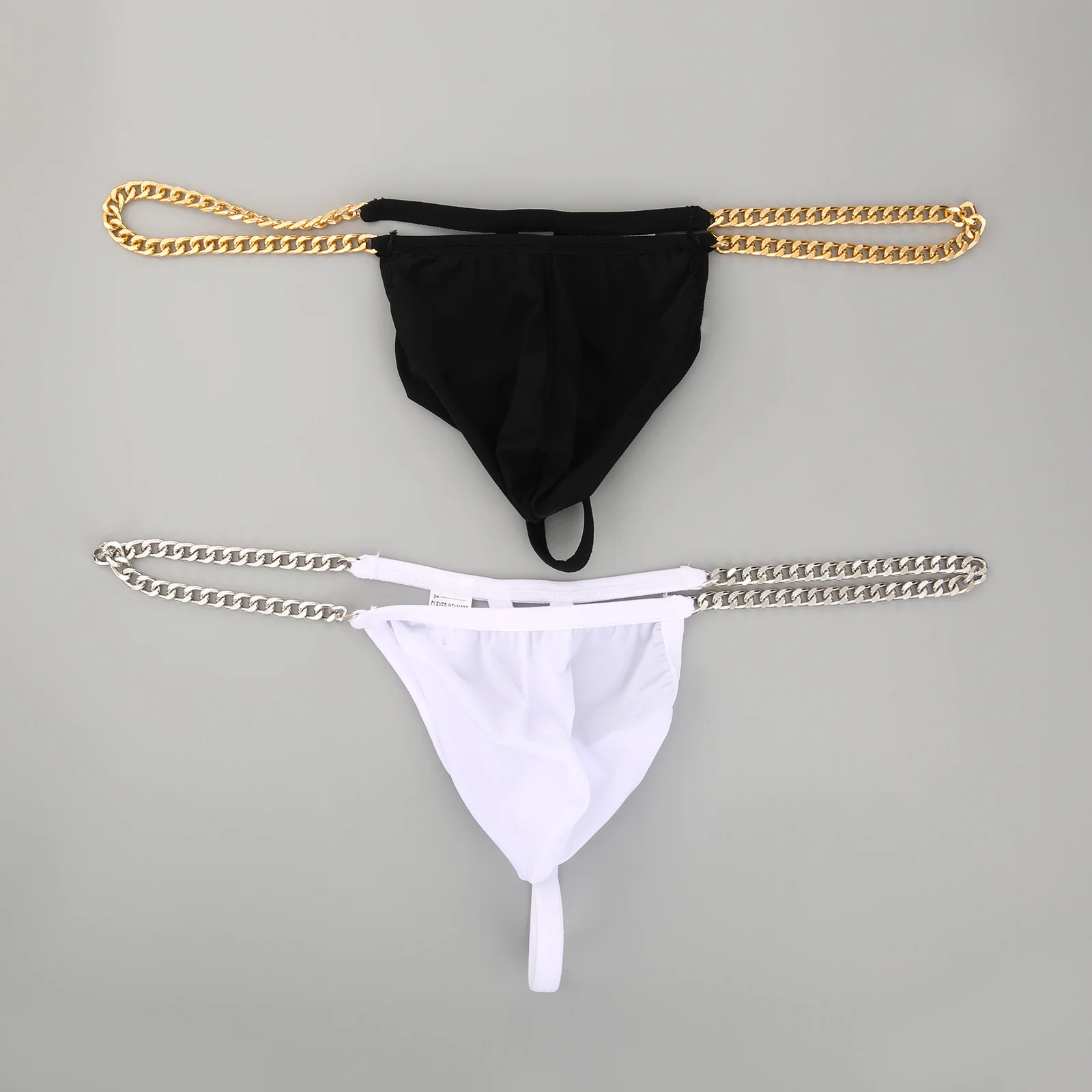 Men's Metal Chains Waist Bath Umderwear Ice Silk Temptation Ultra Thin Bikini Sexy Low Waist Thong Panties Quick-dry Swimsuit