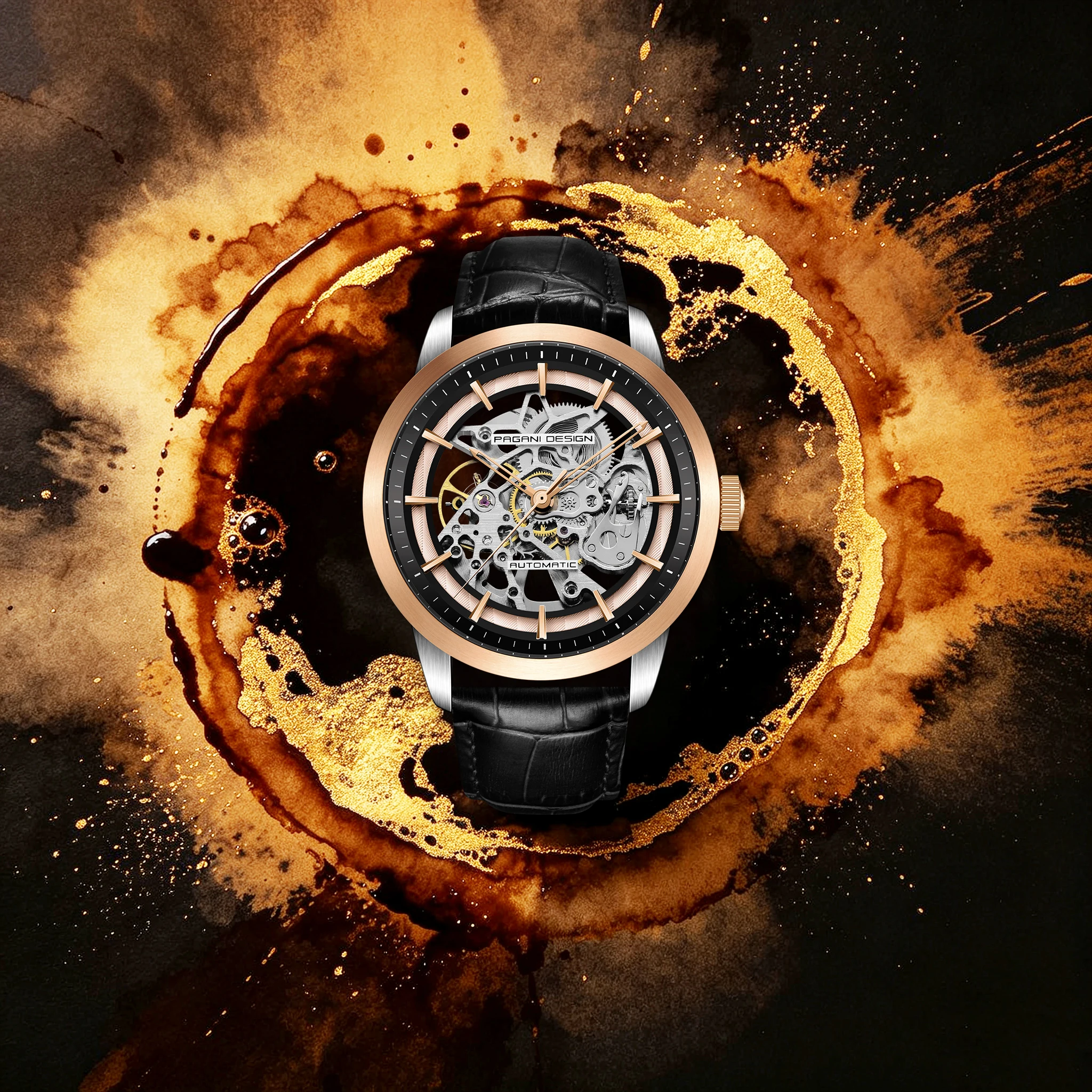 PAGANI DESIGN Hot Sale Men Skeleton Automatic Mechanical Watch Luxury Hollow Leather Waterproof Business Man Watch With Gift Box