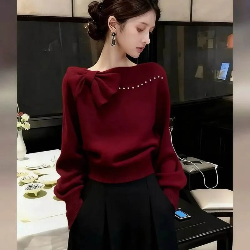 

Women Fashion Graceful Bowknot Off-Shoulder Sweater Autumn Winter Lady Korean Lucky Wine Red Knit Pullover Tops New Knitwear