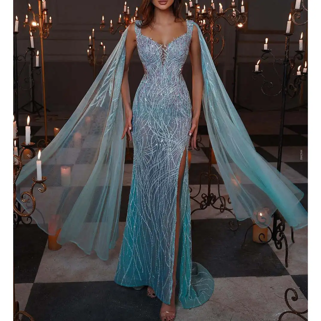 Icidal-Robe de Soirée Sirène Personnalisée avec Paillettes Rondes et Perles, Tenue Formelle de Bal avec Traîne de Balayage Fendue et Col en Cœur