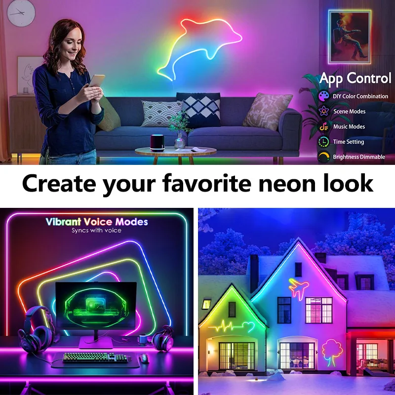 24V Bluetooth RGBIC Neon LED Strip Lights Silicone Neon Rope Light with Music Sync Dreamcolor Chasing Strip Tape for Room Decor