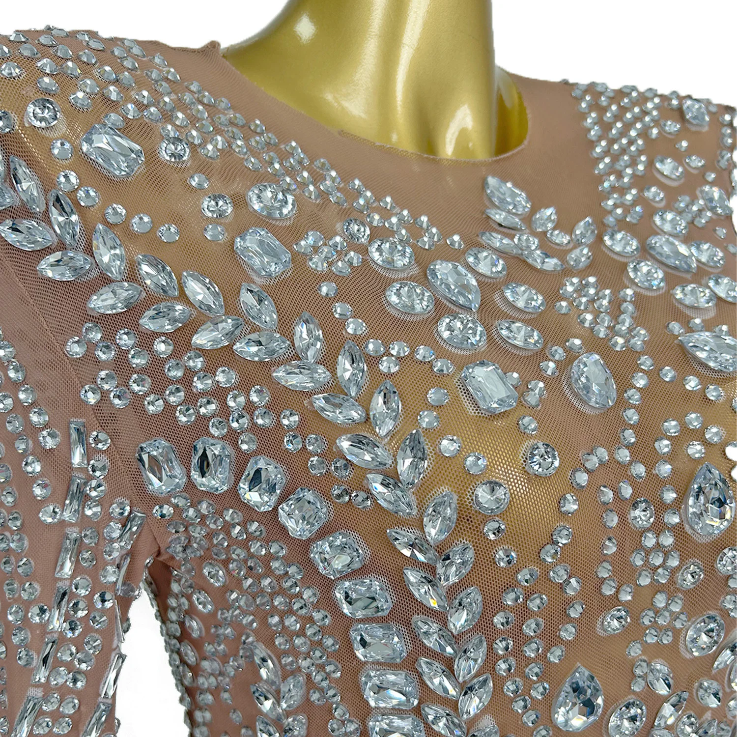 Fulingkaichachangqun femmes élégantes haut de gamme robe de soirée argent plein diamant Perspective maille robe anniversaire robes de bal