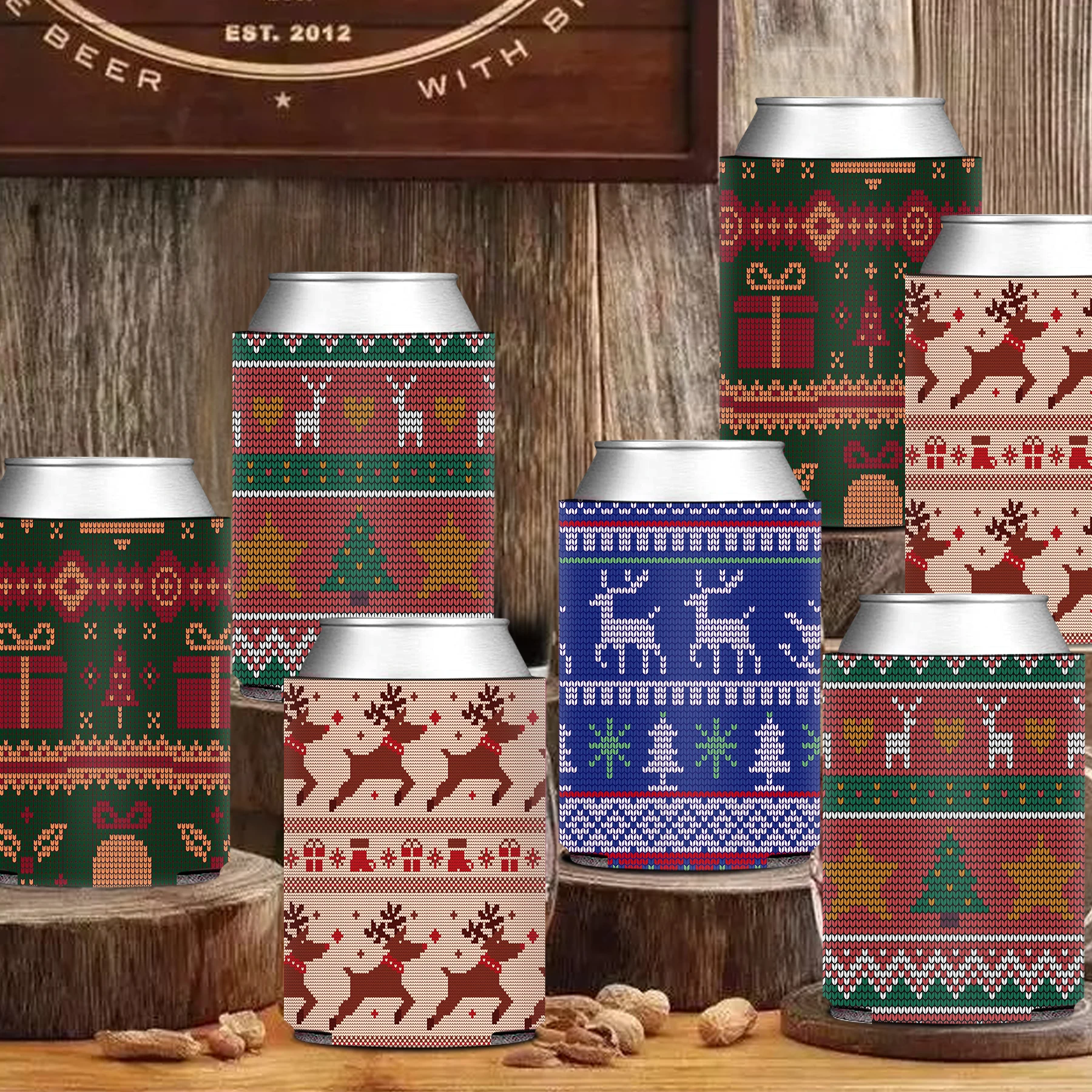 12Pcs/Set Can Cooler Sleeve, Vintage Reindeer Christmas Tree & Gifts Knitted Sweater Design,Bridal Shower Party Favor Decoration