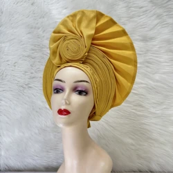 Latest Auto Gele Already Made Headtie Bonnet Nigerian Aso Oke Plain Turban Femmel Head Wrap African Headtie For Lady Party