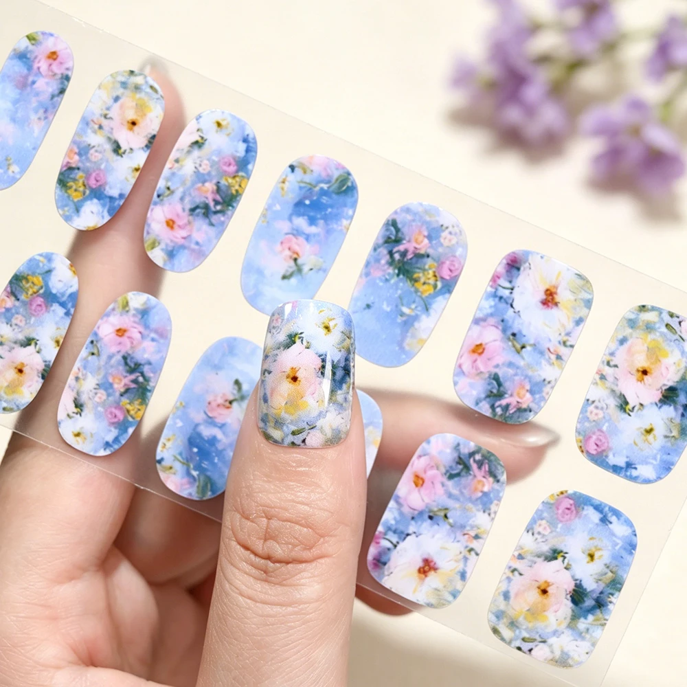 16Tips/Sheet Blue Cotton Rose Semi-cured Gel Nail Wraps Long Lasting Full Cover Nail Gel Sticker DIY Summer Small Floral Print