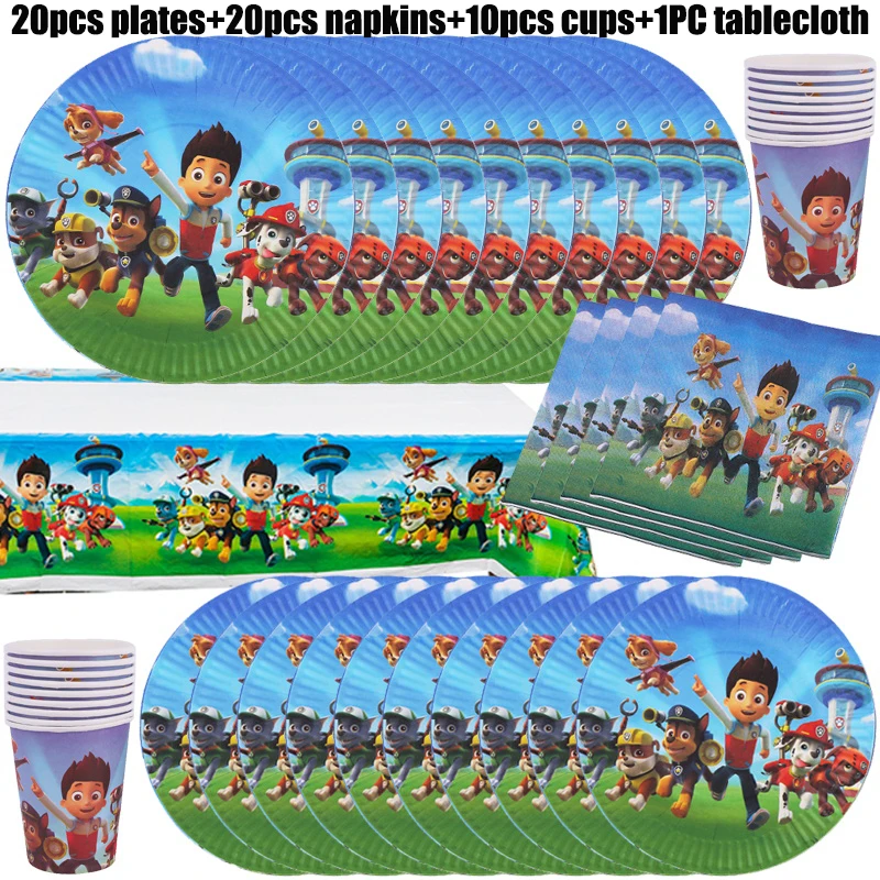 Neue Paw Patrol Geburtstagsparty-Dekorationen: Pappteller, Becher, Servietten, Tischdecke, Tischgeschirr, Paw Patrol Happy Birthday Party-Zubehör – Detail 2