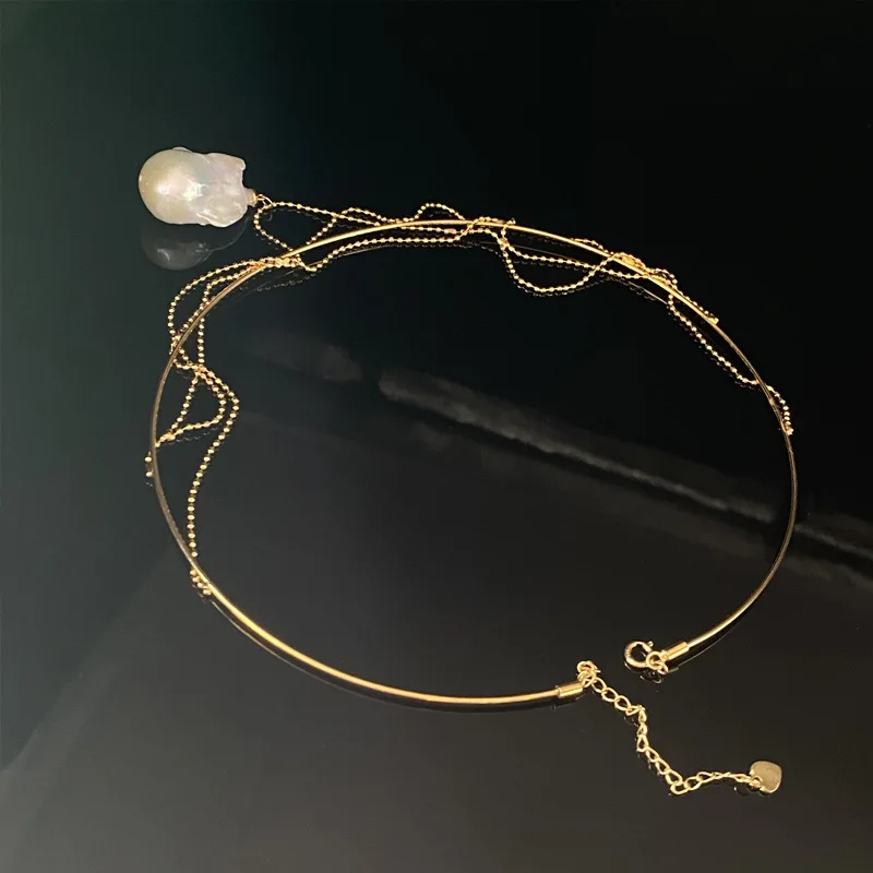 

Natural Baroque Pendant Copper Plated 18K Real Gold Collar Necklace Clavicle Chain Design Temperament Celebrity Niche